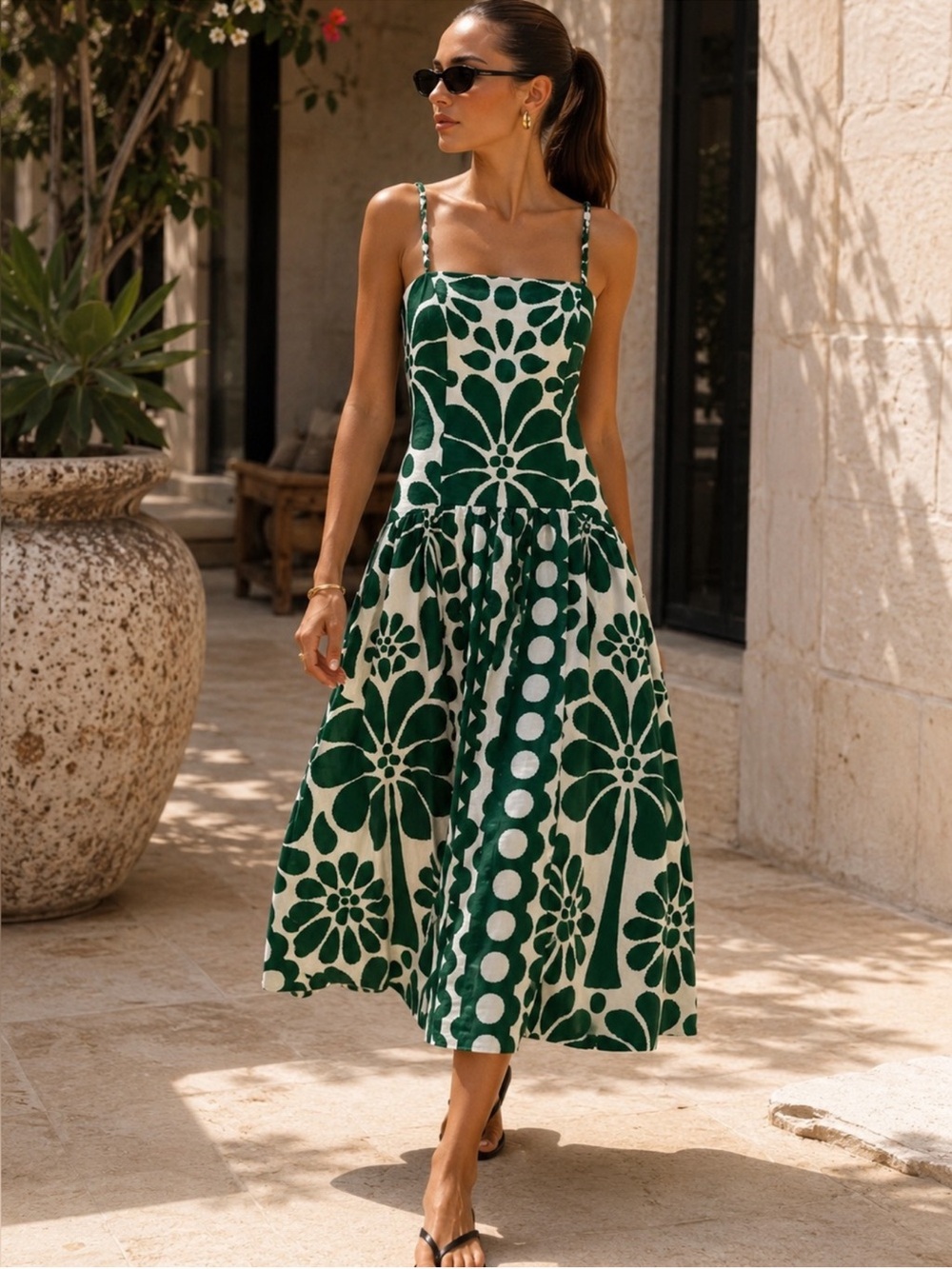Caroline Constas Green White Floral Linen Midi Dress S NWT